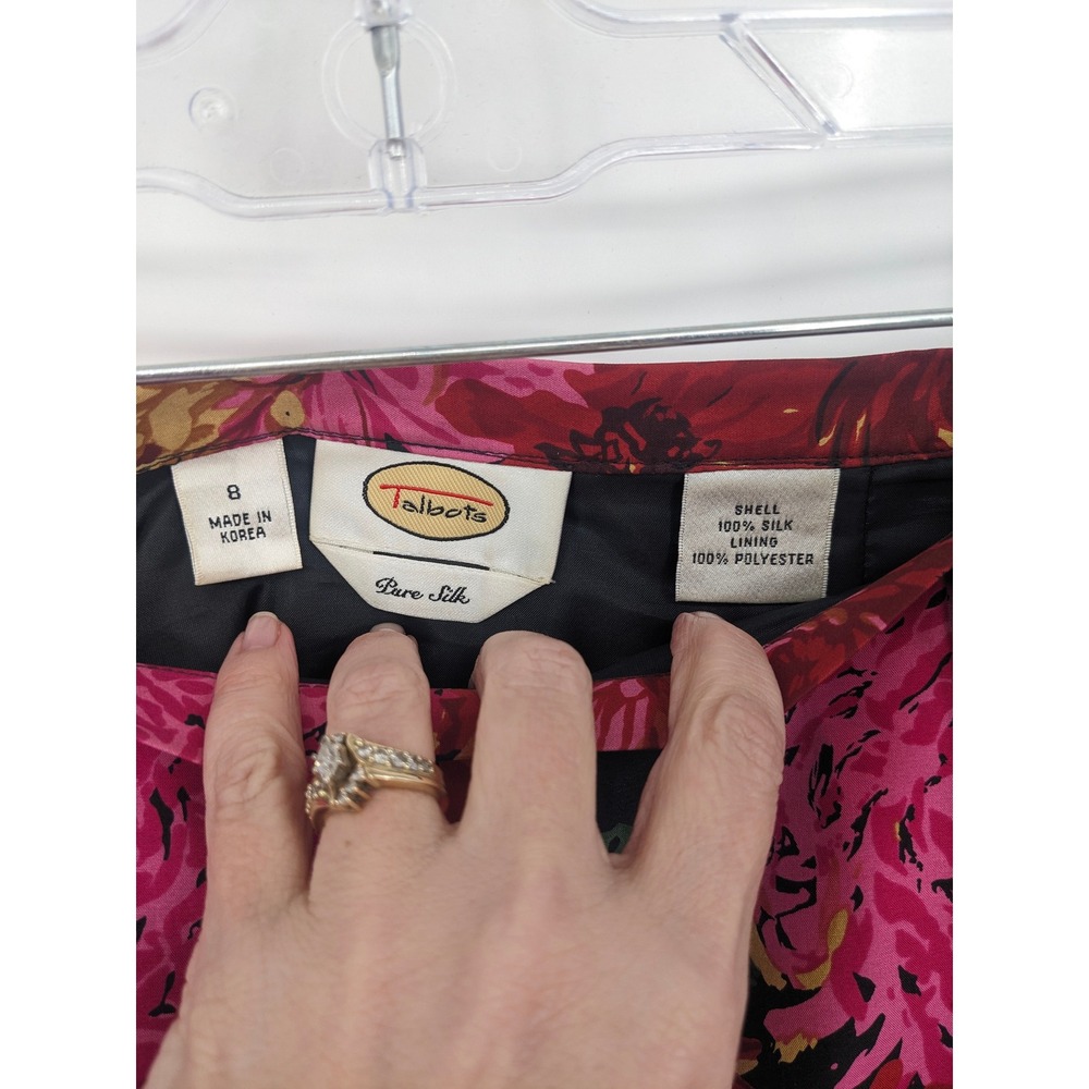 Talbots Silk Skirt Womens 8 Pink Black Floral Midi A Line Full Cocktail Vintage - Picture 4 of 7